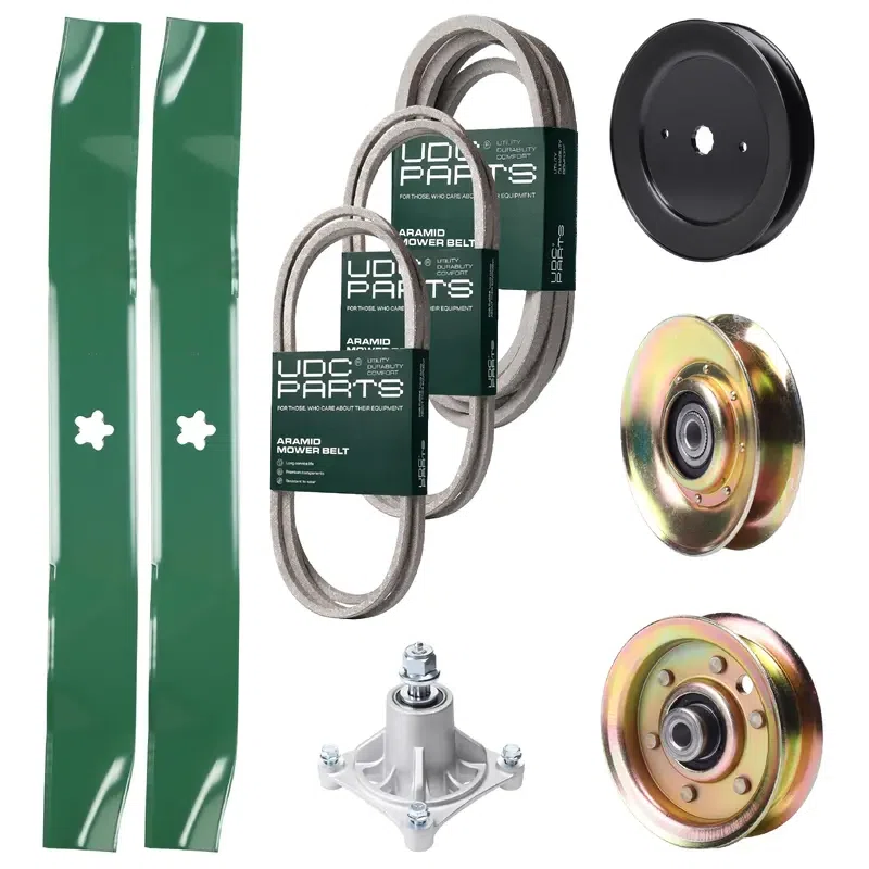 UDC Parts Mower Kit / Belt 140294 + Belt 174883 + Belt 539109243 + Pulley 127783 + Pulley 129861 + Pulley 173437 + Spindle 532174356 + 2 Pack Blades 134149 / Fits Husqvarna LTH1542