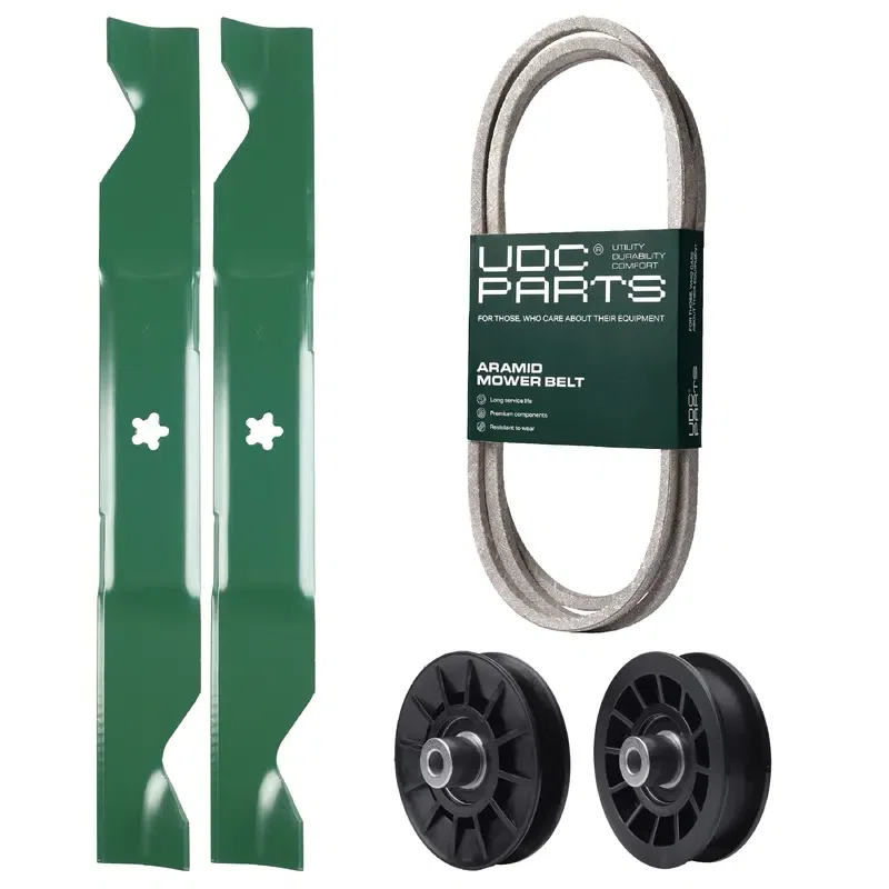 UDC Parts Mower Kit / Belt 130969 + Pulley 532194326 + Pulley 532194327 + 2 Pack Blades 405380 / Fits Husqvarna 2146XLS 2246LS 2346XLS TS246 TS346 YT46LS YTH18K46 YTH20K46 YTH20V46 YTH2146 YTH2146 XP