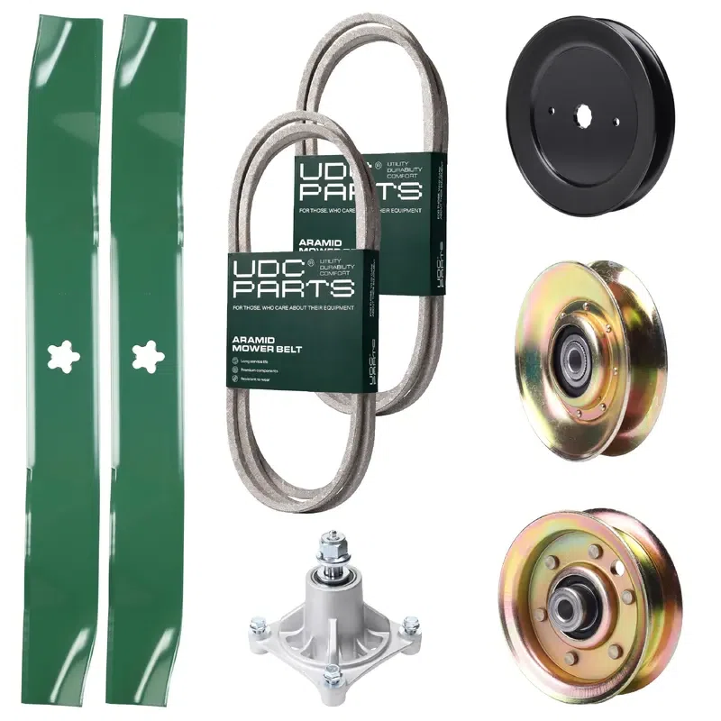 UDC Parts Mower Kit / Belt 140294 + Belt 144959 + Pulley 127783 + Pulley 129861 + Pulley 173437 + Spindle 532174356 + 2 Pack Blades 134149 / Fits Husqvarna LTH1542 YTH130