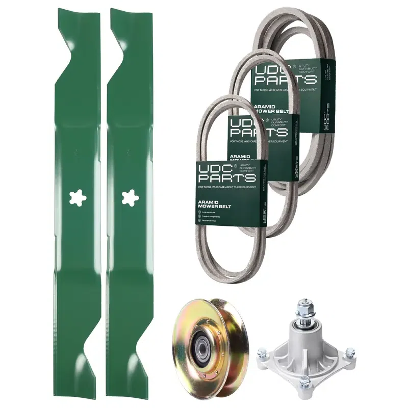 UDC Parts Mower Kit / Belt 138255 + Belt 194346 + Belt 539117245 + Pulley 127783 + Spindle 532174356 + 2 Pack Blades 405380 / Fits Husqvarna LT1597