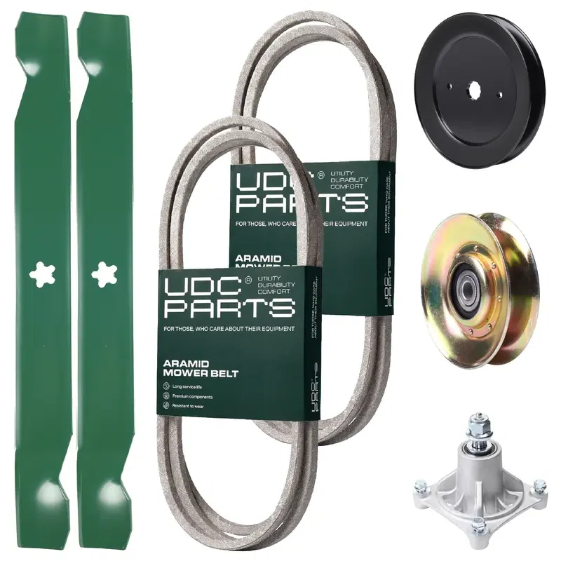 UDC Parts Mower Kit / Belt 174368 + Belt 180808 + Pulley 127783 + Pulley 129861 + Spindle 532174356 + 2 Pack Blades 138971 / Fits Jonsered LT2122A2