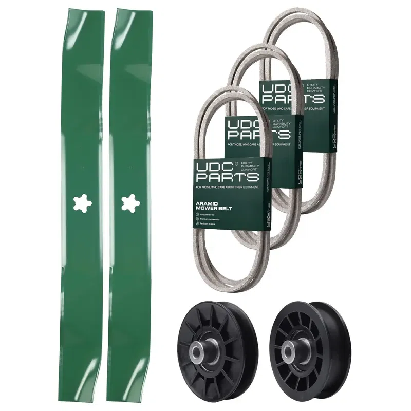 UDC Parts Mower Kit / Belt 130969 + Belt 144959 + Belt 197253 + Pulley 532194326 + Pulley 532194327 + 2 Pack Blades 134149 / Fits Husqvarna LTH171