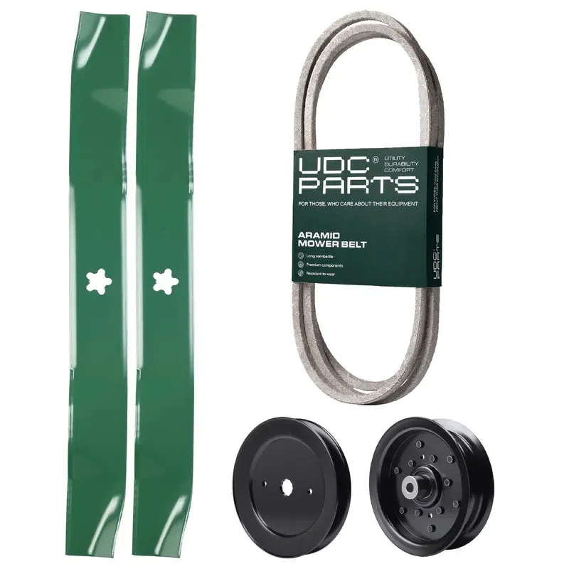 UDC Parts Mower Kit / Belt 144959 + Pulley 129861 + Pulley 532196106 + 2 Pack Blades 134149 / Fits Jonsered LT2218A2 LT2226A2 LT2742A2