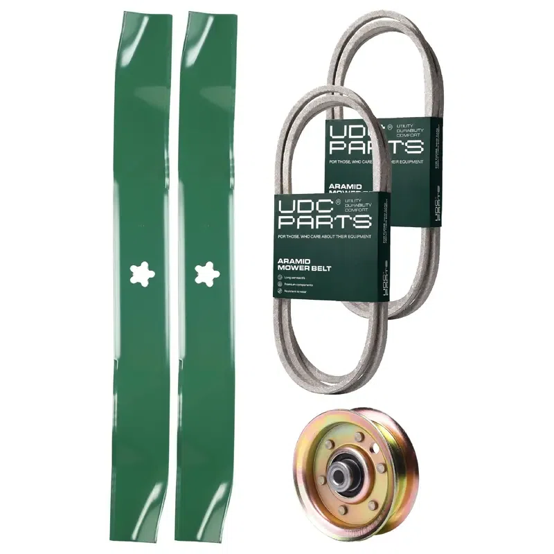 UDC Parts Mower Kit / Belt 140294 + Belt 144959 + Pulley 173437 + 2 Pack Blades 134149 / Fits Husqvarna LTH130 LTH1342 LTH1542 LTH18542 LTHK1342 YTH130 YTH135 YTH1542 YTH170
