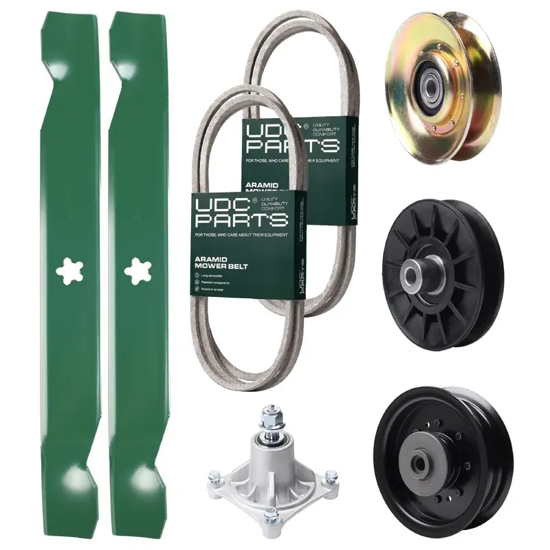 UDC Parts Mower Kit / Belt 138255 + Belt 194346 + Pulley 127783 + Pulley 532194326 + Pulley 532196104 + Spindle 532174356 + 2 Pack Blades 138497 / Fits Husqvarna LT1597