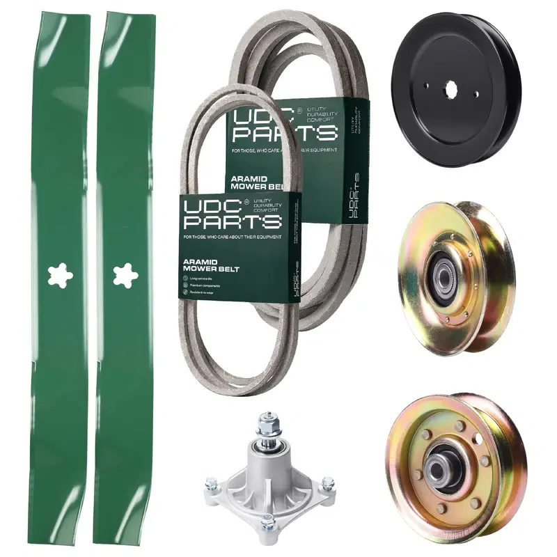 UDC Parts Mower Kit / Belt 144959 + Belt 539109243 + Pulley 127783 + Pulley 129861 + Pulley 173437 + Spindle 532174356 + 2 Pack Blades 134149 / Fits Husqvarna LTH1542