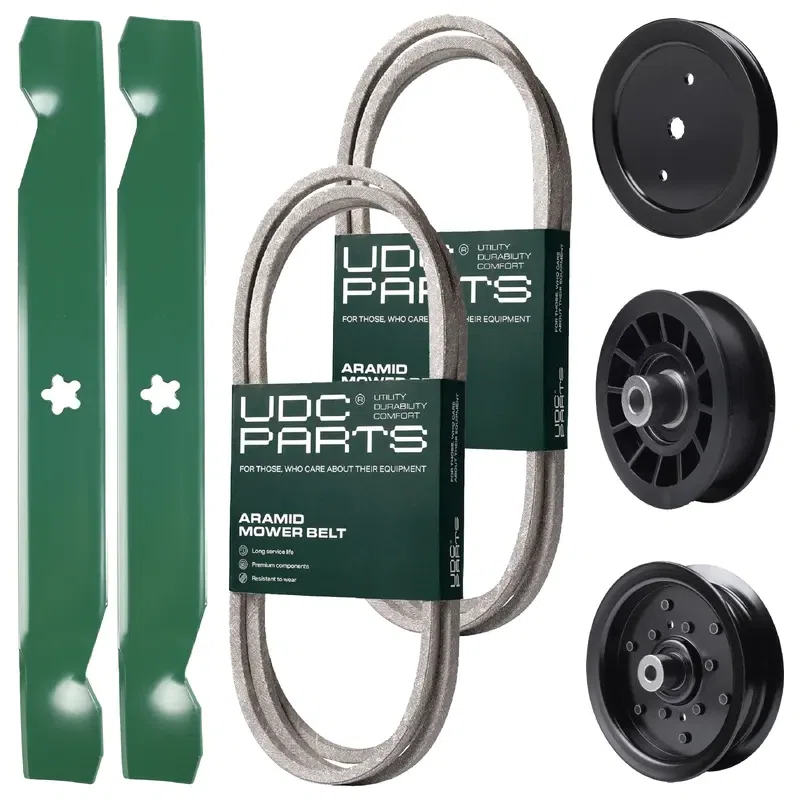 UDC Parts Mower Kit / Belt 130969 + Belt 140218 + Pulley 195945 + Pulley 532196106 + Pulley 532194327 + 2 Pack Blades 138497 / Fits Jonsered LT2216A2 LT2217A