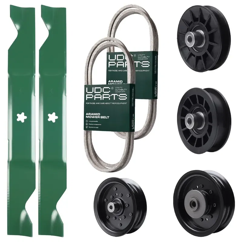UDC Parts Mower Kit / Belt 130969 + Belt 405143 + Pulley 532194326 + Pulley 532196104 + Pulley 532196106 + Pulley 532194327 + 2 Pack Blades 405380 / Fits Husqvarna YTH220 Twin