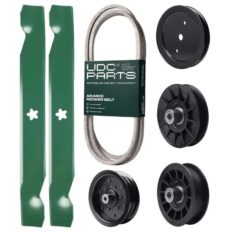 UDC Parts Mower Kit / Belt 197253 + Pulley 195945 + Pulley 532194326 + Pulley 532196106 + Pulley 532194327 + 2 Pack Blades 138497 / Fits Jonsered LT2216 LT2216A2 LT2217A