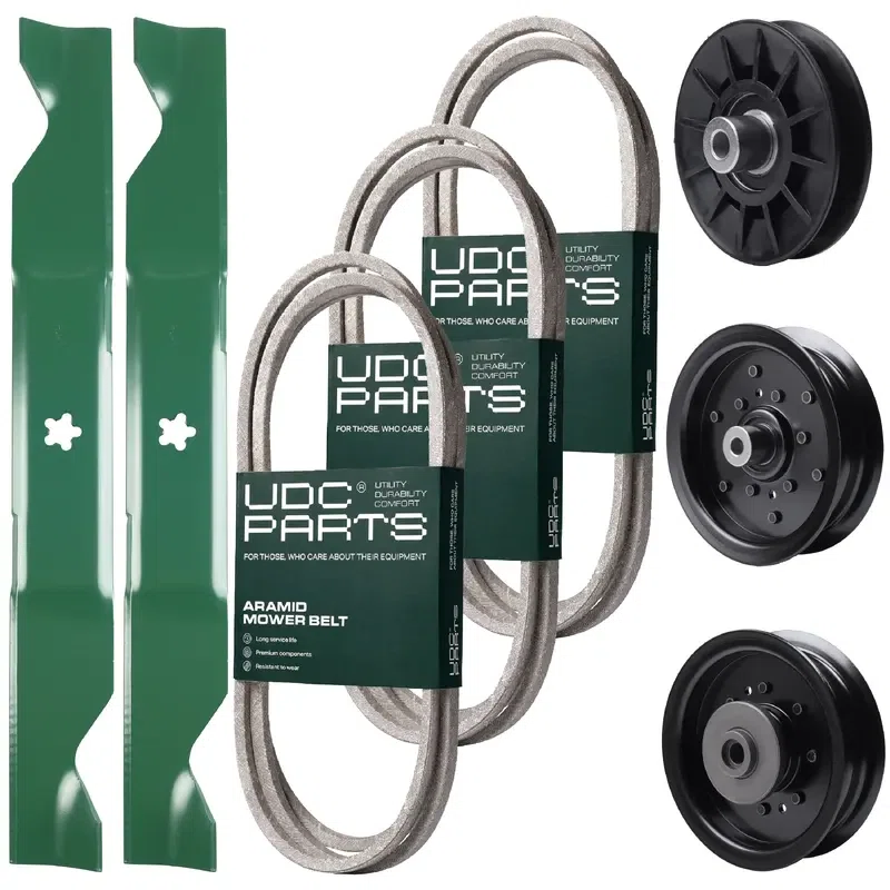 UDC Parts Mower Kit / Belt 130969 + Belt 140218 + Belt 405143 + Pulley 532194326 + Pulley 532196104 + Pulley 532196106 + 2 Pack Blades 405380 / Fits Husqvarna YTH220 Twin