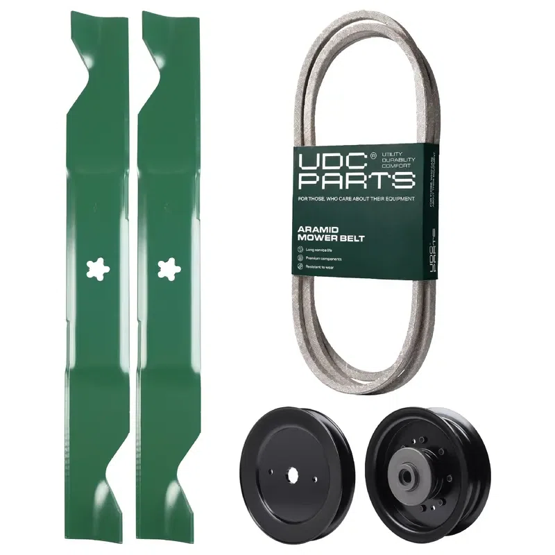 UDC Parts Mower Kit / Belt 130969 + Pulley 532129861 + Pulley 532196104 + 2 Pack Blades 405380 / Fits Husqvarna YTH2242TDF