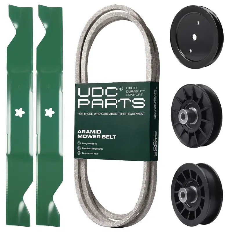 UDC Parts Mower Kit / Belt 197253 + Pulley 195945 + Pulley 532194326 + Pulley 532194327 + 2 Pack Blades 405380 / Fits Husqvarna YTA1946 YTA20V46 YTA22V46 YTH20K46