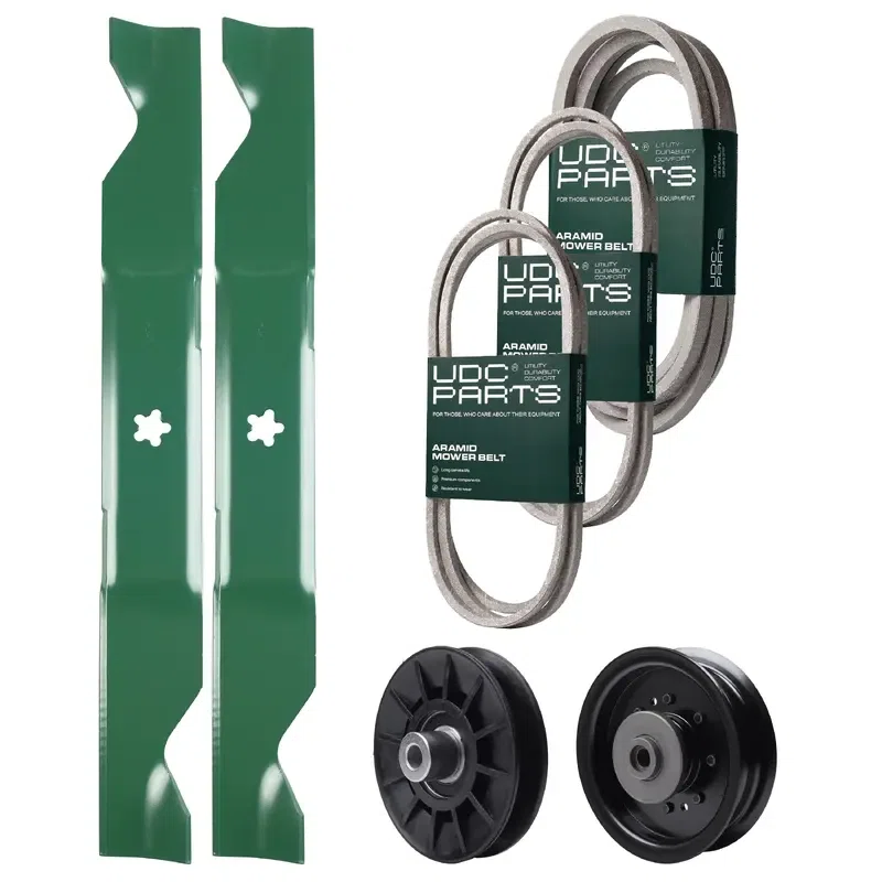 UDC Parts Mower Kit / Belt 130969 + Belt 197242 + Belt 405143 + Pulley 532194326 + Pulley 532196104 + 2 Pack Blades 405380 / Fits Husqvarna YTH220 Twin