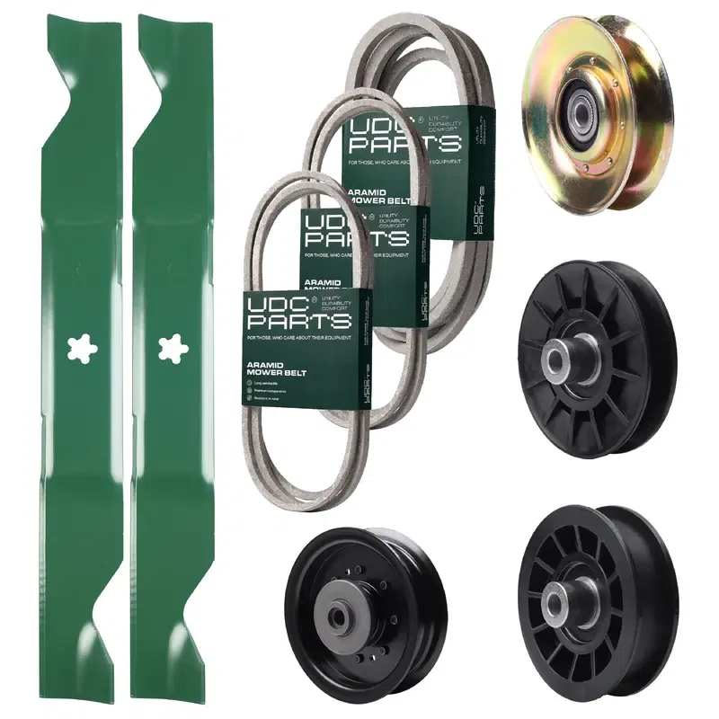 UDC Parts Mower Kit / Belt 138255 + Belt 194346 + Belt 539117245 + Pulley 127783 + Pulley 532194326 + Pulley 532194327 + Pulley 532196104 + 2 Pack Blades 405380 / Fits Husqvarna LT1597
