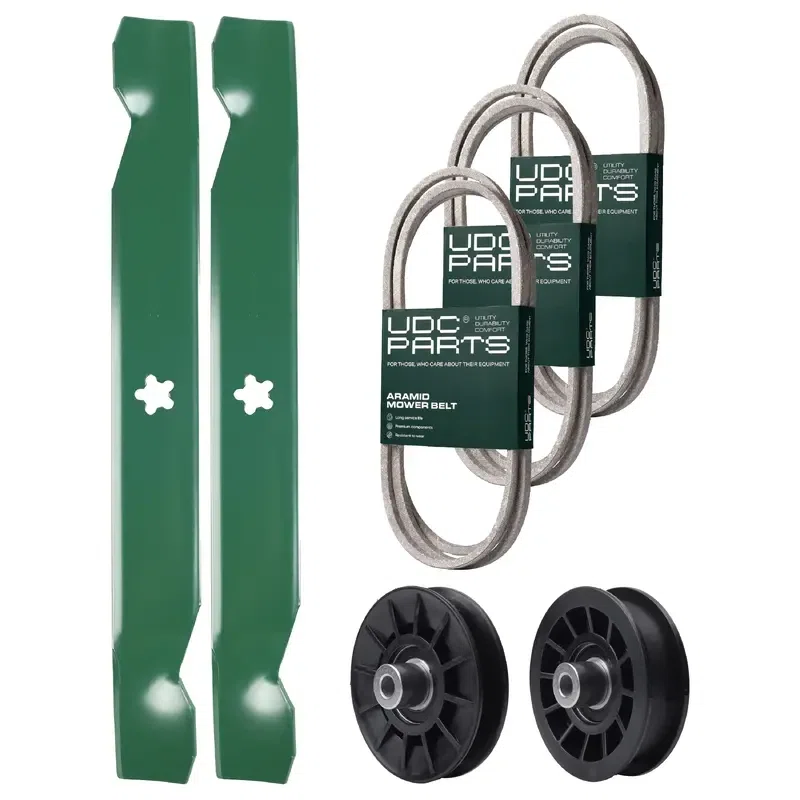 UDC Parts Mower Kit / Belt 130969 + Belt 138255 + Belt 140294 + Pulley 532194326 + Pulley 532194327 + 2 Pack Blades 138497 / Fits Husqvarna LTH151