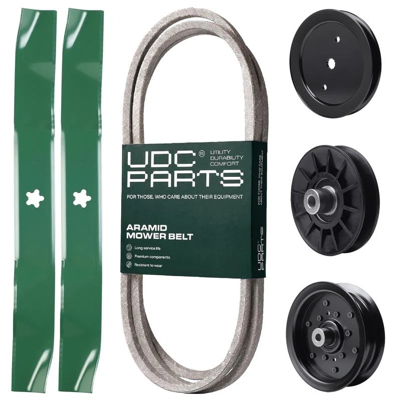 UDC Parts Mower Kit / Belt 130969 + Pulley 195945 + Pulley 532194326 + Pulley 532196106 + 2 Pack Blades 134149 / Fits Poulan XT195H42LT