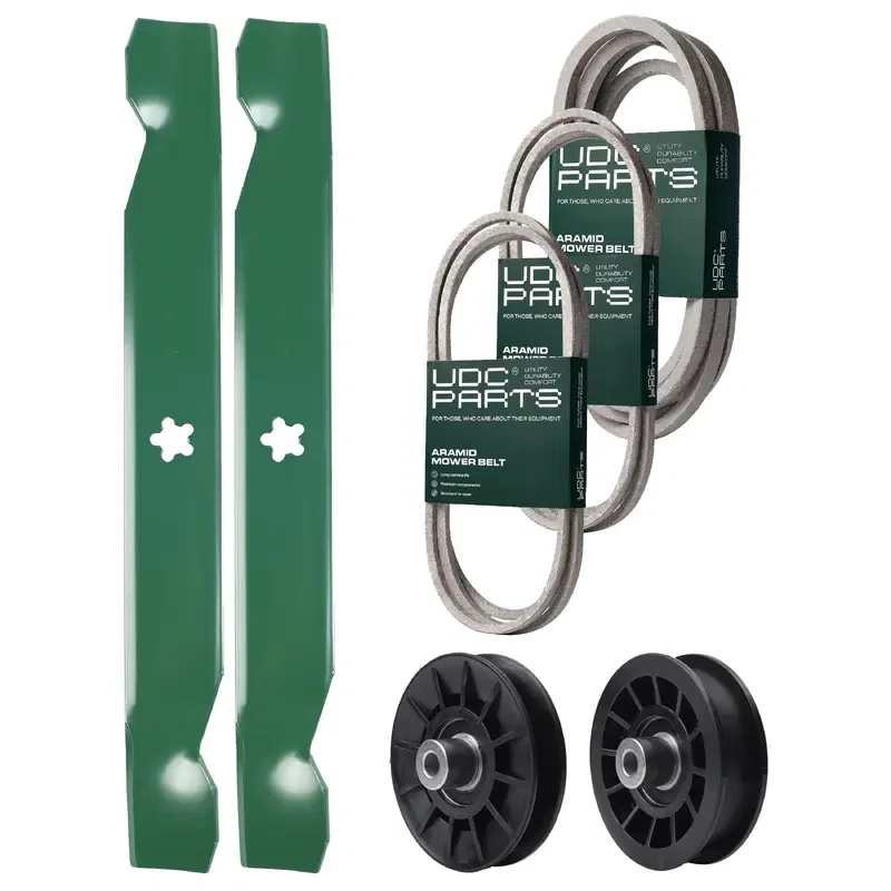 UDC Parts Mower Kit / Belt 138255 + Belt 194346 + Belt 539117245 + Pulley 532194326 + Pulley 532194327 + 2 Pack Blades 138497 / Fits Husqvarna LT1597