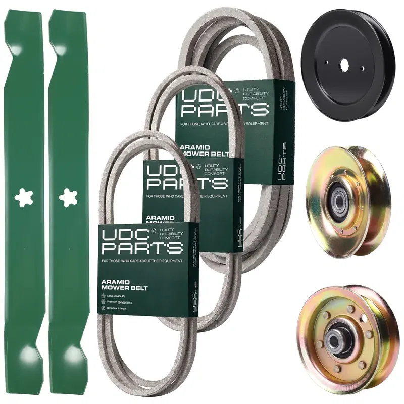 UDC Parts Mower Kit / Belt 140294 + Belt 144959 + Belt 539109243 + Pulley 127783 + Pulley 129861 + Pulley 173437 + 2 Pack Blades 138971 / Fits Husqvarna LTH1542