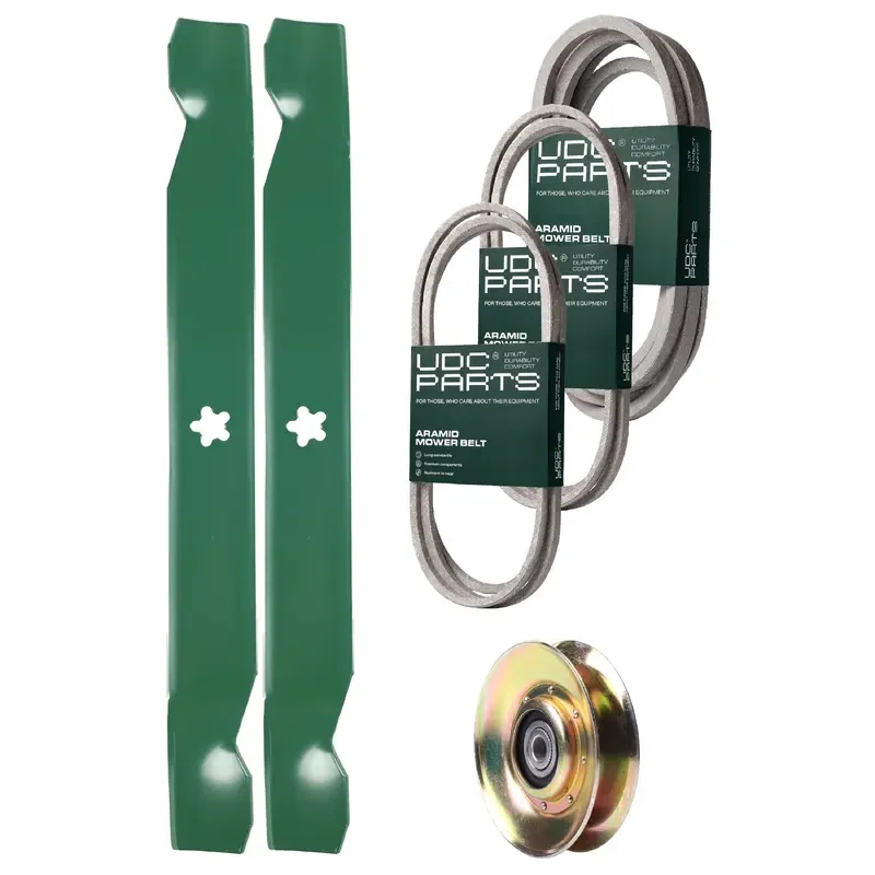 UDC Parts Mower Kit / Belt 144959 + Belt 174883 + Belt 539109243 + Pulley 127783 + 2 Pack Blades 138971 / Fits Husqvarna LTH1542