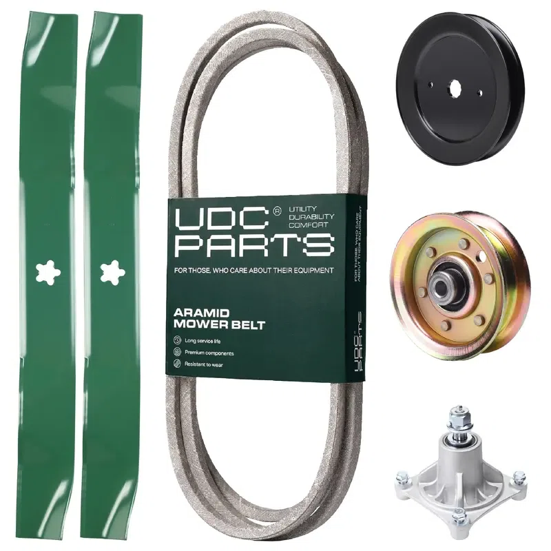 UDC Parts Mower Kit / Belt 144959 + Pulley 129861 + Pulley 173437 + Spindle 532174356 + 2 Pack Blades 134149 / Fits Husqvarna LTH1542 YTH130