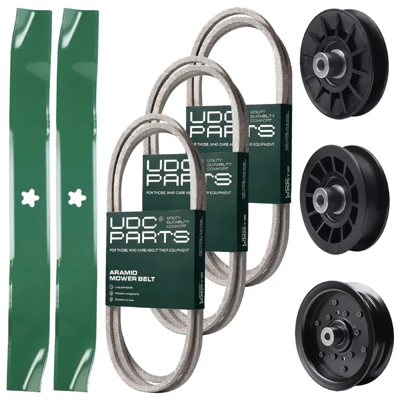 UDC Parts Mower Kit / Belt 130969 + Belt 138255 + Belt 140218 + Pulley 532194326 + Pulley 532196106 + Pulley 532194327 + 2 Pack Blades 134149 / Fits Jonsered LT2217A