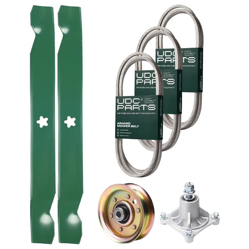 UDC Parts Mower Kit / Belt 140294 + Belt 144959 + Belt 174883 + Pulley 173437 + Spindle 532174356 + 2 Pack Blades 138971 / Fits Husqvarna LTH1542