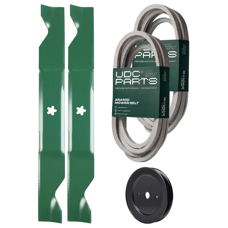 UDC Parts Mower Kit / Belt 539114557 + Belt 539117245 + Pulley 129861 + 2 Pack Blades 405380 / Fits Husqvarna LSZ4622 LSZ5422 LSZ5424 RZ4219