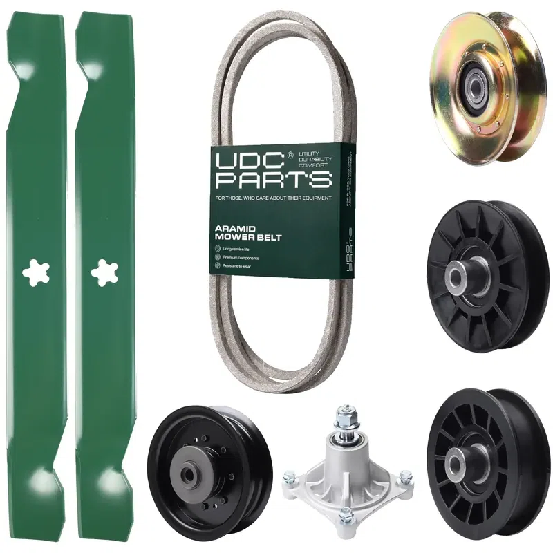 UDC Parts Mower Kit / Belt 138255 + Pulley 127783 + Pulley 532194326 + Pulley 532194327 + Pulley 532196104 + Spindle 532174356 + 2 Pack Blades 138497 / Fits Husqvarna LT1597
