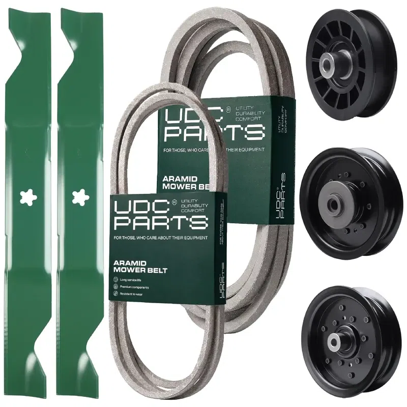 UDC Parts Mower Kit / Belt 130969 + Belt 197242 + Pulley 532196104 + Pulley 532196106 + Pulley 532194327 + 2 Pack Blades 405380 / Fits Husqvarna YTH220 Twin