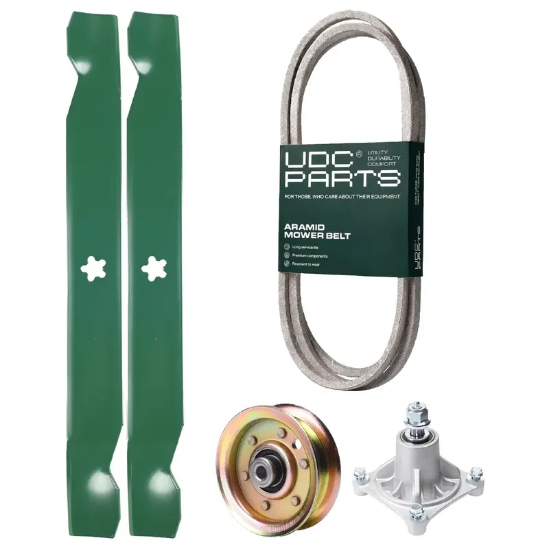 UDC Parts Mower Kit / Belt 174368 + Pulley 173437 + Spindle 532174356 + 2 Pack Blades 138971 / Fits Jonsered LT2122A2