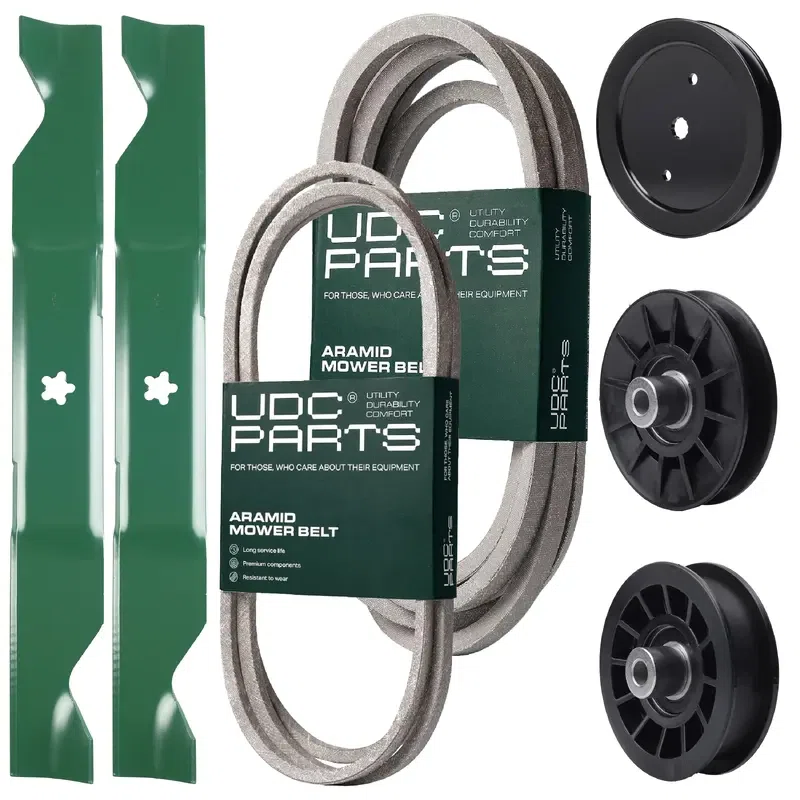 UDC Parts Mower Kit / Belt 130969 + Belt 197242 + Pulley 195945 + Pulley 532194326 + Pulley 532194327 + 2 Pack Blades 405380 / Fits Jonsered LT2320A2