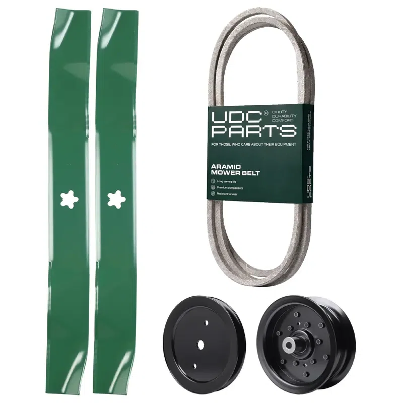 UDC Parts Mower Kit / Belt 130969 + Pulley 195945 + Pulley 532196106 + 2 Pack Blades 134149 / Fits Poulan XT195H42LT