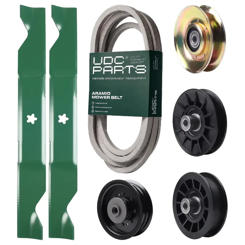 UDC Parts Mower Kit / Belt 539117245 + Pulley 127783 + Pulley 532194326 + Pulley 532194327 + Pulley 532196104 + 2 Pack Blades 405380 / Fits Husqvarna LT1597