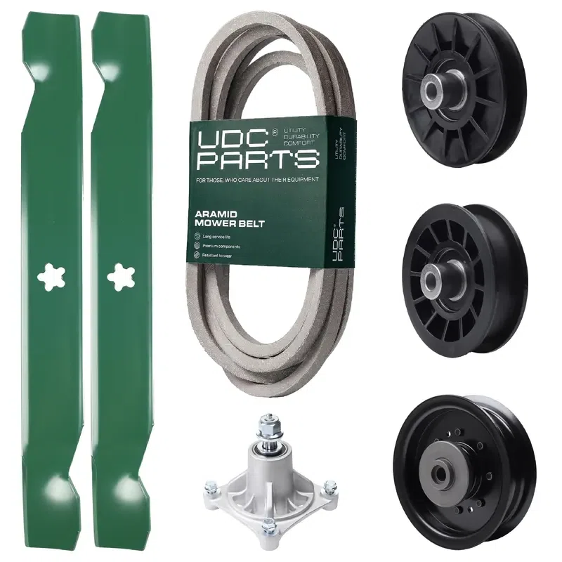 UDC Parts Mower Kit / Belt 539117245 + Pulley 532194326 + Pulley 532194327 + Pulley 532196104 + Spindle 532174356 + 2 Pack Blades 138497 / Fits Husqvarna LT1597