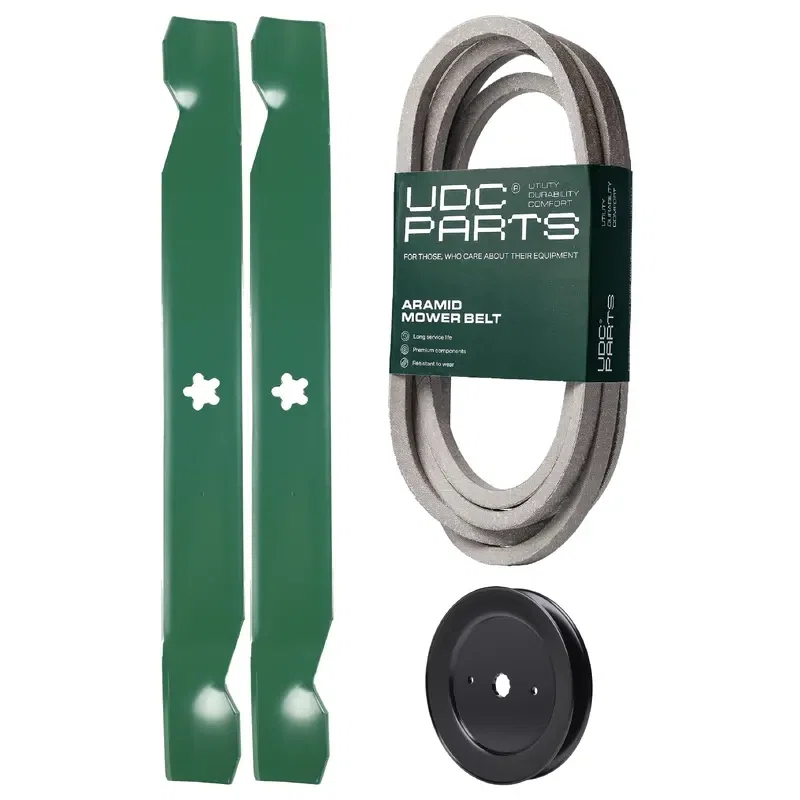 UDC Parts Mower Kit / Belt 539109243 + Pulley 129861 + 2 Pack Blades 138971 / Fits Husqvarna LTH1542 Z4218 Z4219 Z4824 Z5426