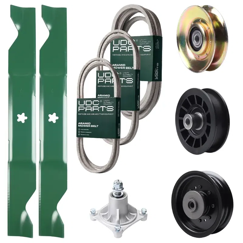 UDC Parts Mower Kit / Belt 138255 + Belt 194346 + Belt 539117245 + Pulley 127783 + Pulley 532194327 + Pulley 532196104 + Spindle 532174356 + 2 Pack Blades 405380 / Fits Husqvarna LT1597