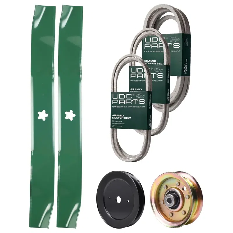 UDC Parts Mower Kit / Belt 140294 + Belt 144959 + Belt 539109243 + Pulley 129861 + Pulley 173437 + 2 Pack Blades 134149 / Fits Husqvarna LTH1542