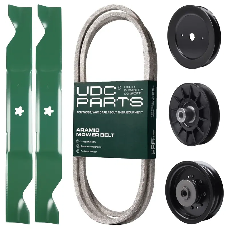 UDC Parts Mower Kit / Belt 130969 + Pulley 532129861 + Pulley 532194326 + Pulley 532196104 + 2 Pack Blades 405380 / Fits Husqvarna YTH2242TDF