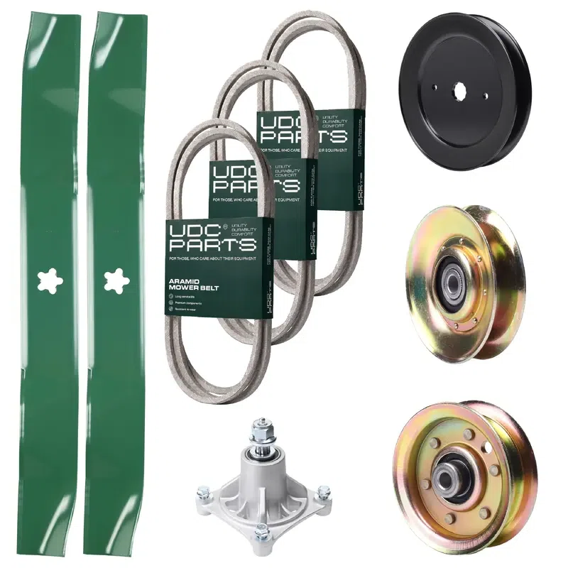UDC Parts Mower Kit / Belt 140294 + Belt 144959 + Belt 174883 + Pulley 127783 + Pulley 129861 + Pulley 173437 + Spindle 532174356 + 2 Pack Blades 134149 / Fits Husqvarna LTH1542