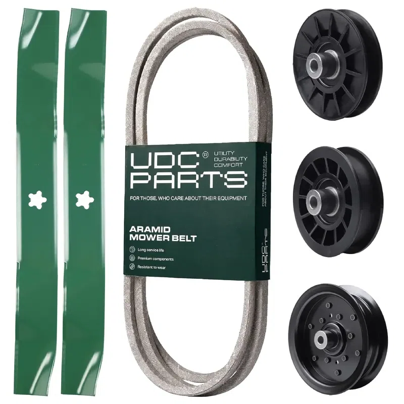 UDC Parts Mower Kit / Belt 140218 + Pulley 532194326 + Pulley 532196106 + Pulley 532194327 + 2 Pack Blades 134149 / Fits Husqvarna LTH171