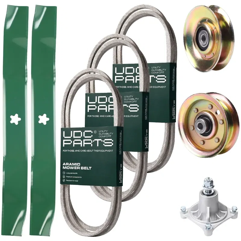 UDC Parts Mower Kit / Belt 140294 + Belt 144959 + Belt 174883 + Pulley 127783 + Pulley 173437 + Spindle 532174356 + 2 Pack Blades 134149 / Fits Husqvarna LTH1542