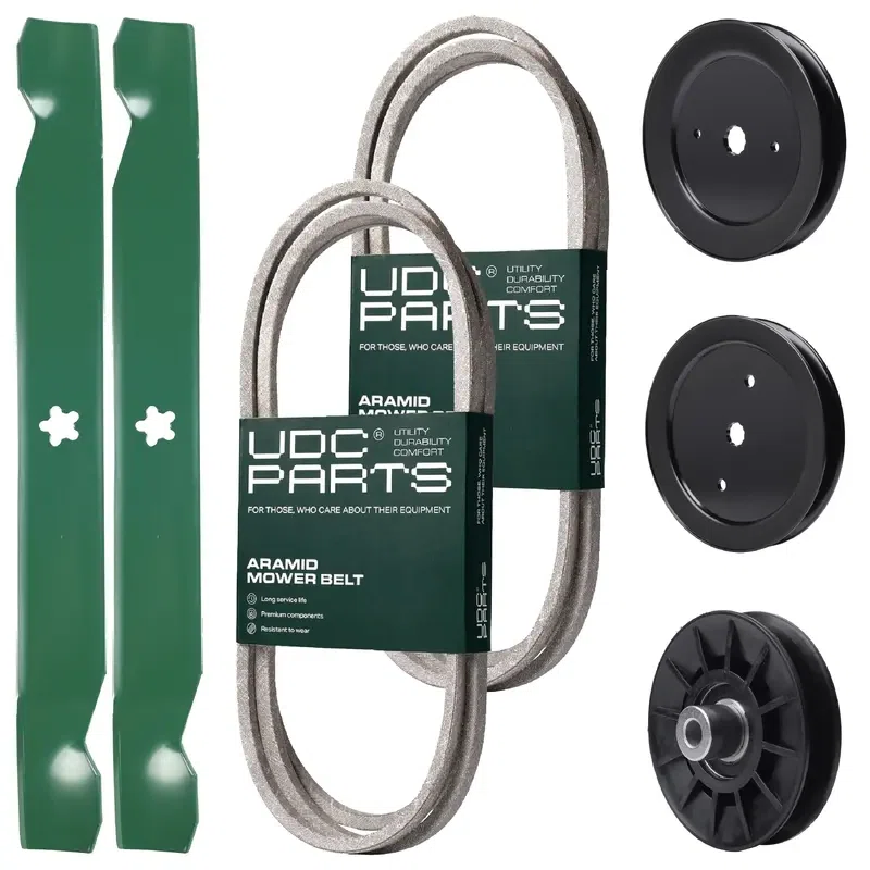 UDC Parts Mower Kit / Belt 144959 + Belt 197253 + Pulley 129861 + Pulley 195945 + Pulley 532194326 + 2 Pack Blades 138971 / Fits Husqvarna TS142