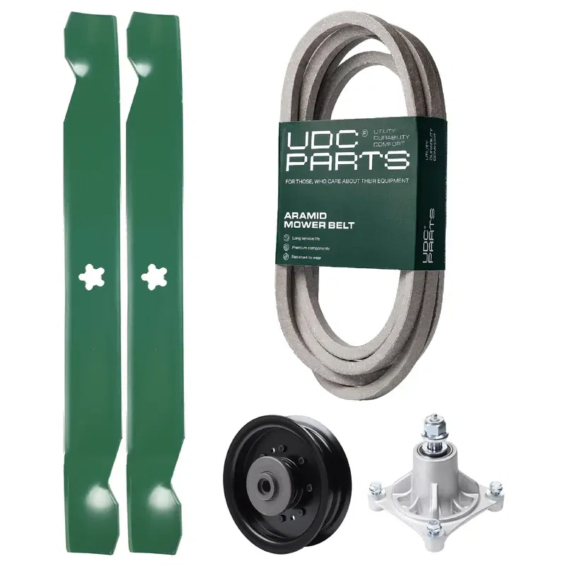 UDC Parts Mower Kit / Belt 539114557 + Pulley 532196104 + Spindle 532174356 + 2 Pack Blades 138971 / Fits Husqvarna RZ4619 RZ4620 RZ5422 RZ5424