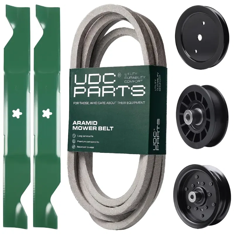 UDC Parts Mower Kit / Belt 197242 + Pulley 195945 + Pulley 532196106 + Pulley 532194327 + 2 Pack Blades 405380 / Fits Jonsered LT2320A2