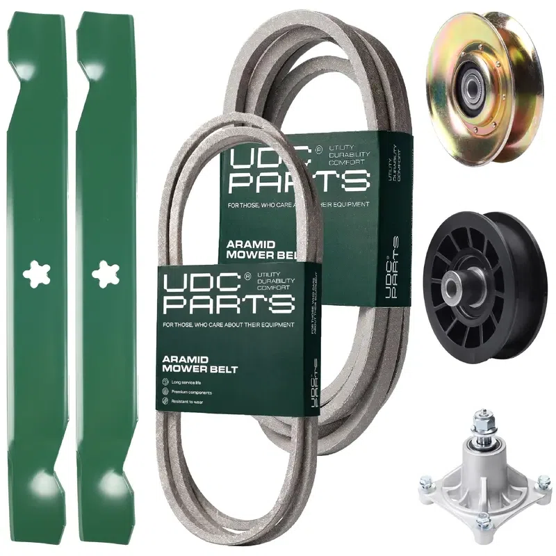 UDC Parts Mower Kit / Belt 138255 + Belt 539117245 + Pulley 127783 + Pulley 532194327 + Spindle 532174356 + 2 Pack Blades 138497 / Fits Husqvarna LT1597