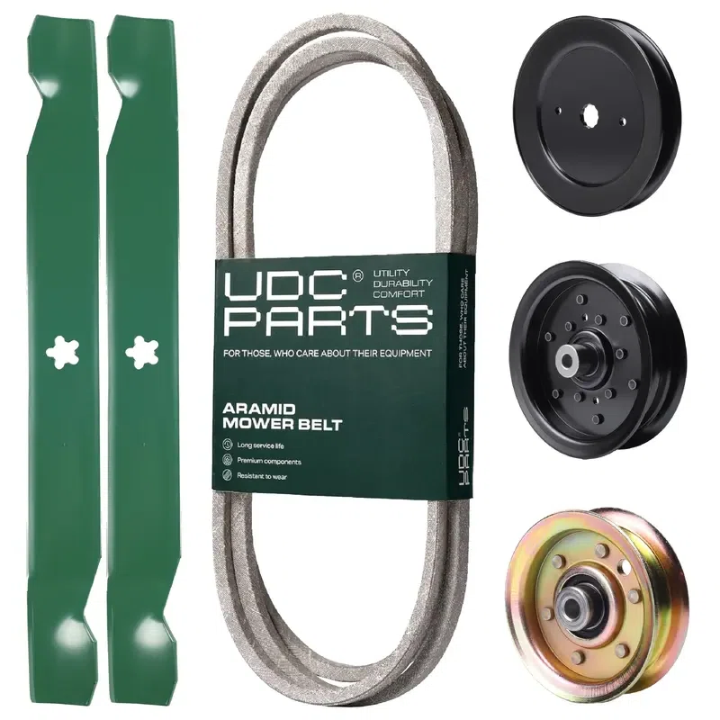 UDC Parts Mower Kit / Belt 140218 + Pulley 129861 + Pulley 532196106 + Pulley 173437 + 2 Pack Blades 138971 / Fits Husqvarna YTH2042 XP