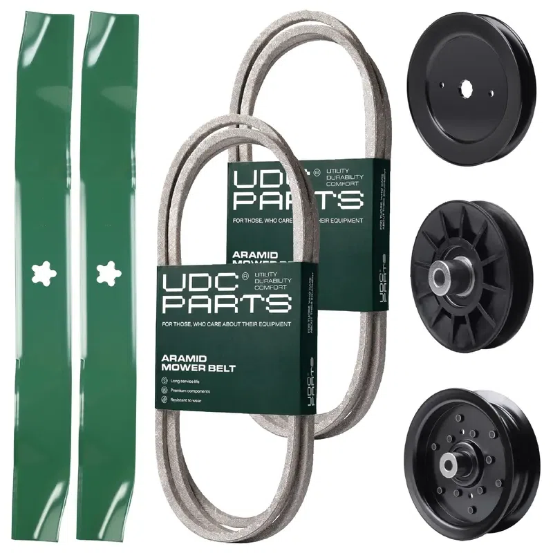 UDC Parts Mower Kit / Belt 140218 + Belt 144959 + Pulley 129861 + Pulley 532194326 + Pulley 532196106 + 2 Pack Blades 134149 / Fits Husqvarna LOYTH20F42T YTH2042 XP YTH20F42T YTH2242T