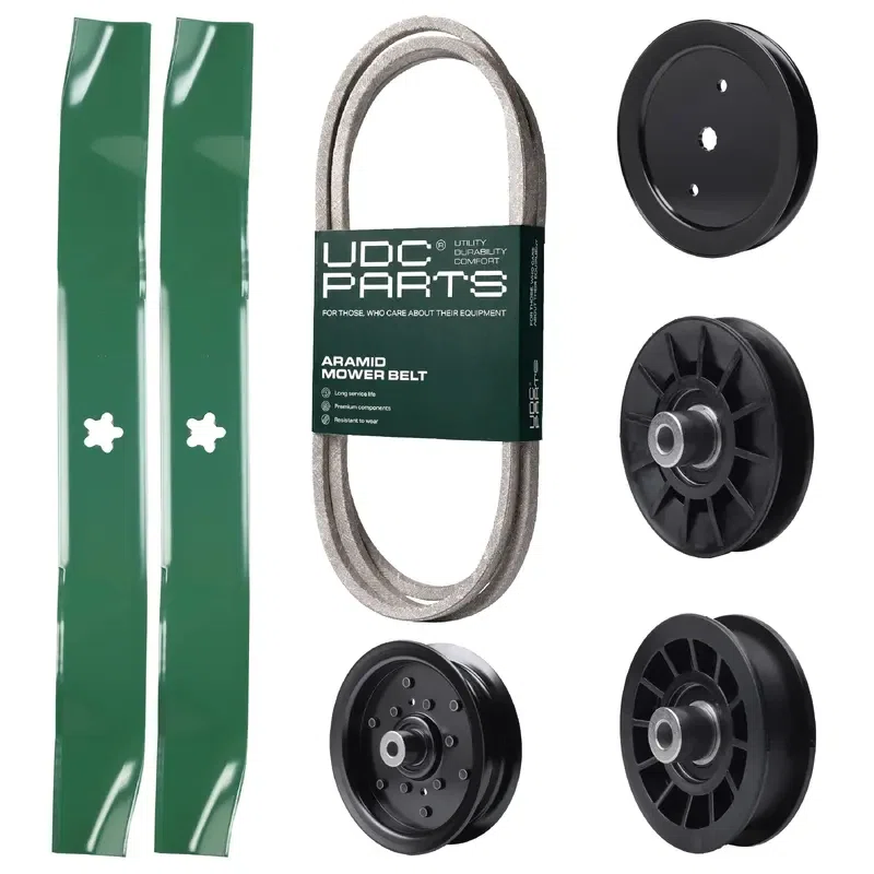 UDC Parts Mower Kit / Belt 130969 + Pulley 195945 + Pulley 532194326 + Pulley 532196106 + Pulley 532194327 + 2 Pack Blades 134149 / Fits Poulan XT195H42LT