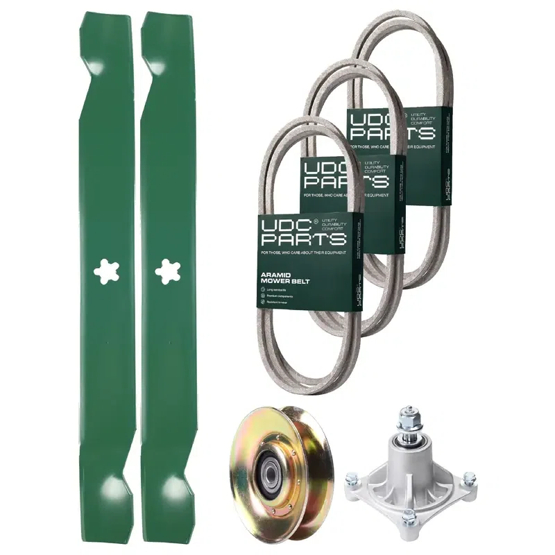 UDC Parts Mower Kit / Belt 140294 + Belt 174368 + Belt 180808 + Pulley 127783 + Spindle 532174356 + 2 Pack Blades 138971 / Fits Jonsered LT2122A2