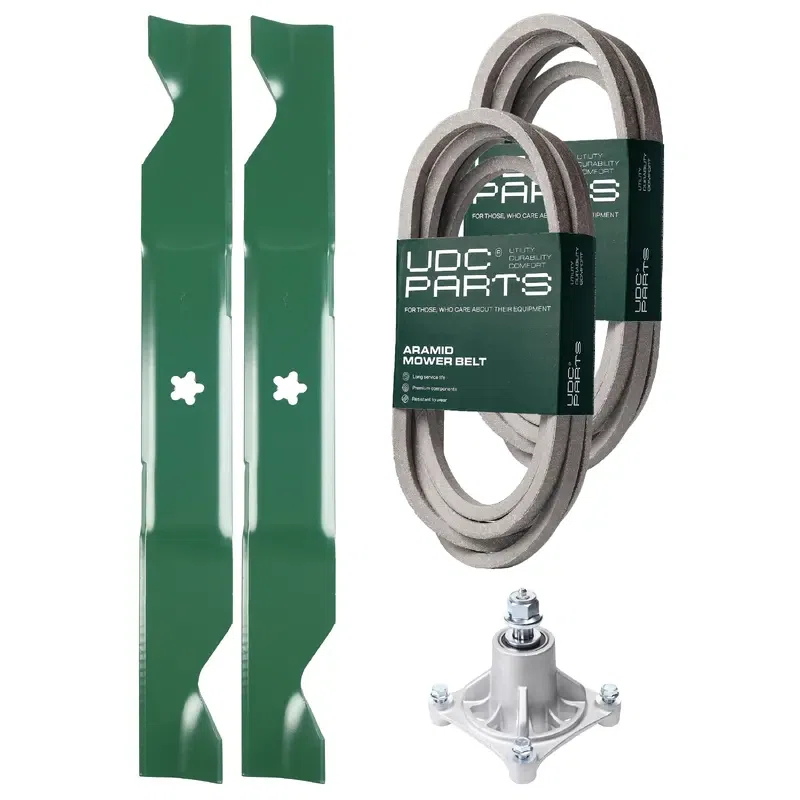 UDC Parts Mower Kit / Belt 539114557 + Belt 539117245 + Spindle 532174356 + 2 Pack Blades 405380 / Fits Husqvarna LSZ4622 LSZ5422 LSZ5424 RZ4219